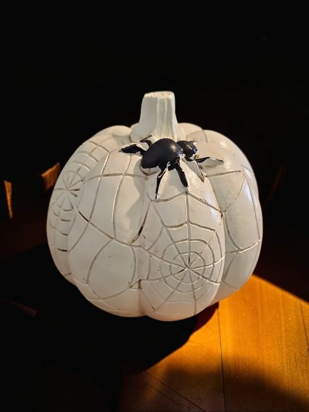 Spooky Pumpkin Décor – White Pumpkin with Spider & Web Carvings – Halloween
